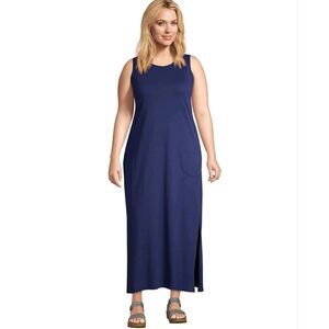 Lands' End Blue Sleeveless Cotton Maxi Dress with Pockets Size Large 14-16